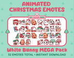 White Bunny Christmas animated Twitch emote mega pack GIF preview showing all 32 emote animations.