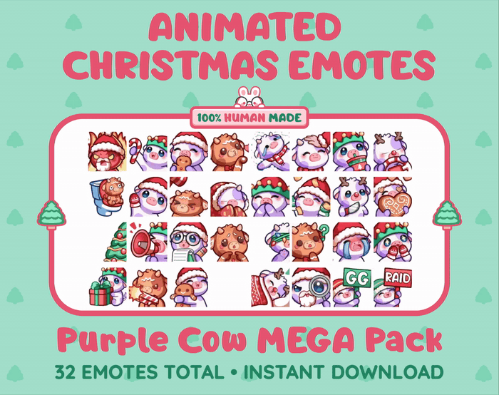 Purple Cow Christmas animated Twitch emote mega pack GIF preview showing all 32 emote animations.
