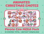 Purple Cow Christmas animated Twitch emote mega pack GIF preview showing all 32 emote animations.