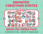 White Fox Christmas animated Twitch emote mega pack GIF preview showing all 32 emote animations.