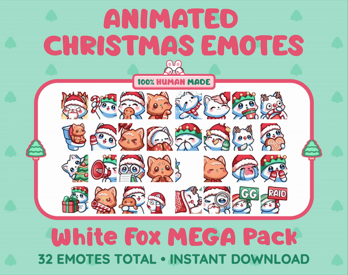 White Fox Christmas animated Twitch emote mega pack GIF preview showing all 32 emote animations.