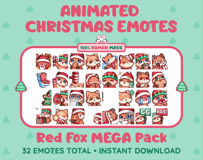 Red Fox Christmas animated Twitch emote mega pack GIF preview showing all 32 emote animations.