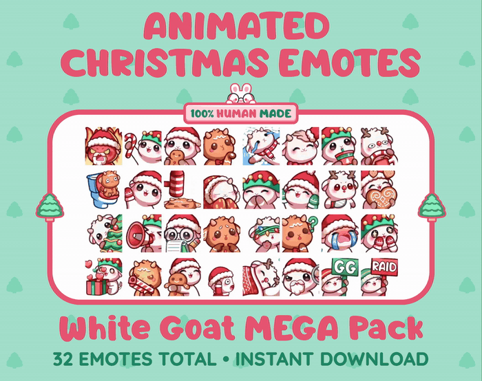 White Goat Christmas animated Twitch emote mega pack GIF preview showing all 32 emote animations.