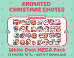 White Goat Christmas animated Twitch emote mega pack GIF preview showing all 32 emote animations.
