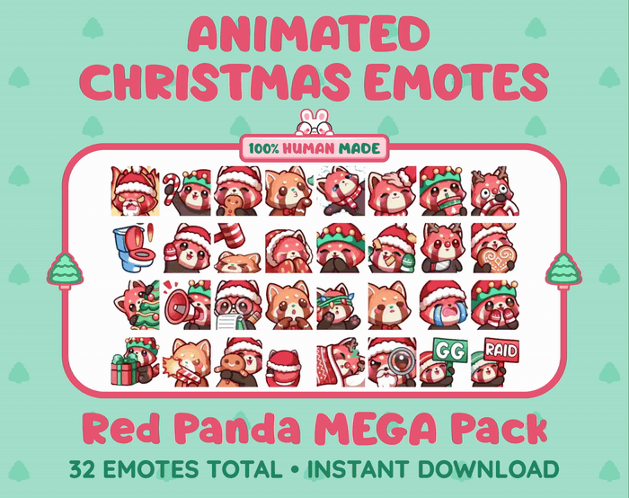 Red Panda Christmas animated Twitch emote mega pack GIF preview showing all 32 emote animations.