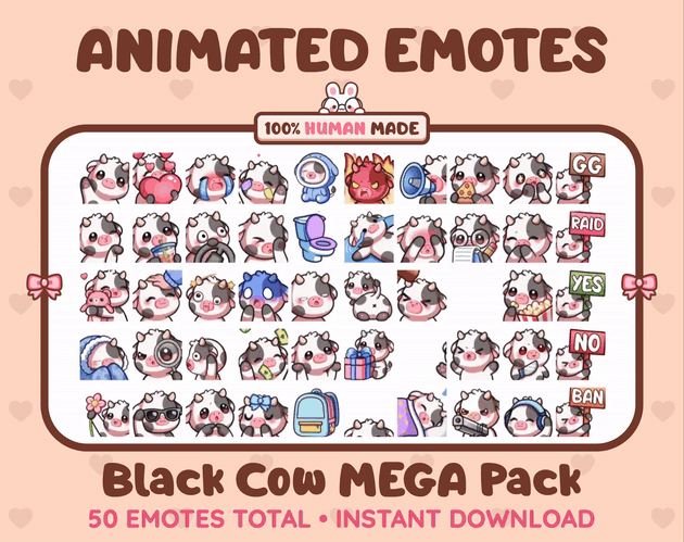 Black Cow animated Twitch emote mega pack GIF preview showing all 50 emote animations.