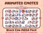 Black Cow animated Twitch emote mega pack GIF preview showing all 50 emote animations.
