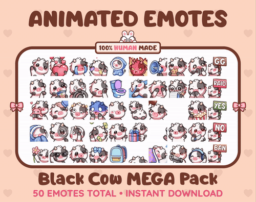 Black Cow animated Twitch emote mega pack GIF preview showing all 50 emote animations.
