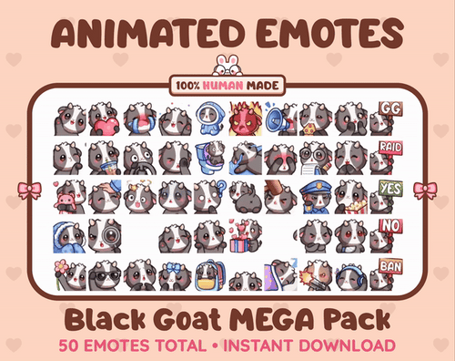 Black Goat animated Twitch emote mega pack GIF preview showing all 50 emote animations.