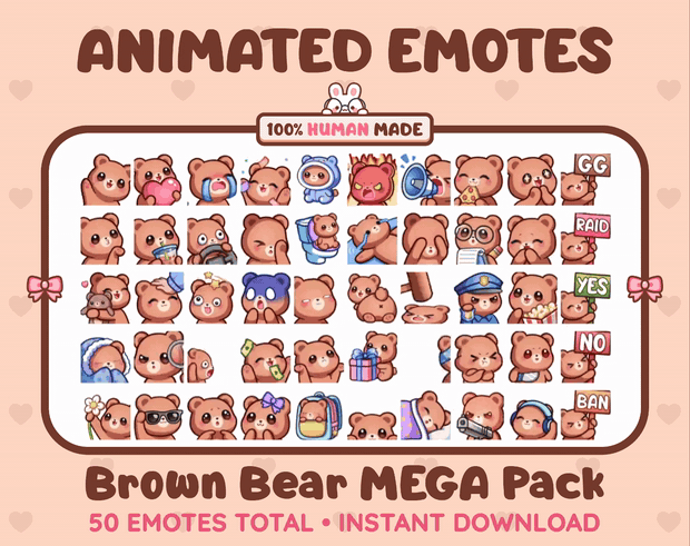 Brown Bear animated Twitch emote mega pack GIF preview showing all 50 emote animations.