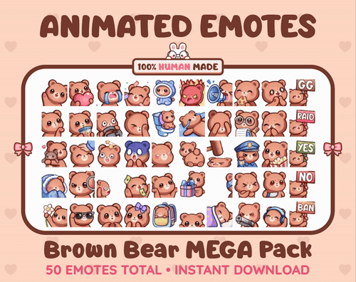 Brown Bear animated Twitch emote mega pack GIF preview showing all 50 emote animations.