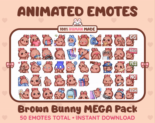Brown Bunny animated Twitch emote mega pack GIF preview showing all 50 emote animations.