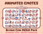 Brown Cow animated Twitch emote mega pack GIF preview showing all 50 emote animations.