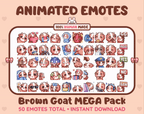 Brown Goat animated Twitch emote mega pack GIF preview showing all 50 emote animations.
