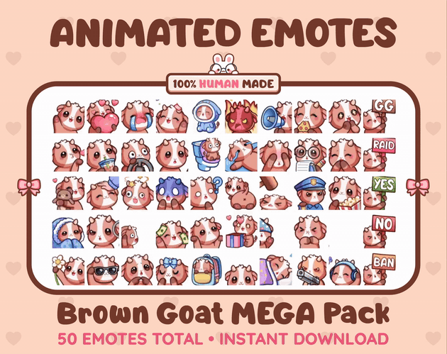 Brown Goat animated Twitch emote mega pack GIF preview showing all 50 emote animations.