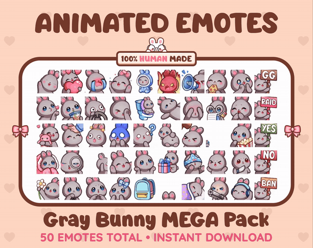 Gray Bunny animated Twitch emote mega pack GIF preview showing all 50 emote animations.
