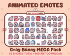 Gray Bunny animated Twitch emote mega pack GIF preview showing all 50 emote animations.