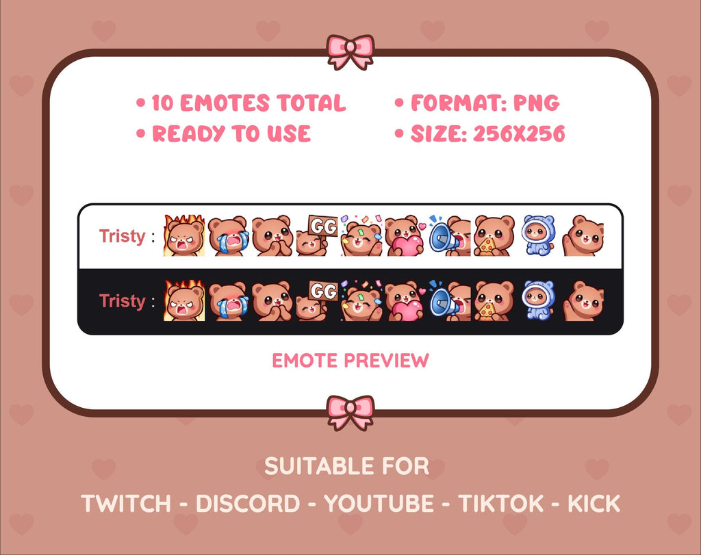 Brown Bear Twitch emote pack preview displaying all 10 emotes with format and size information.