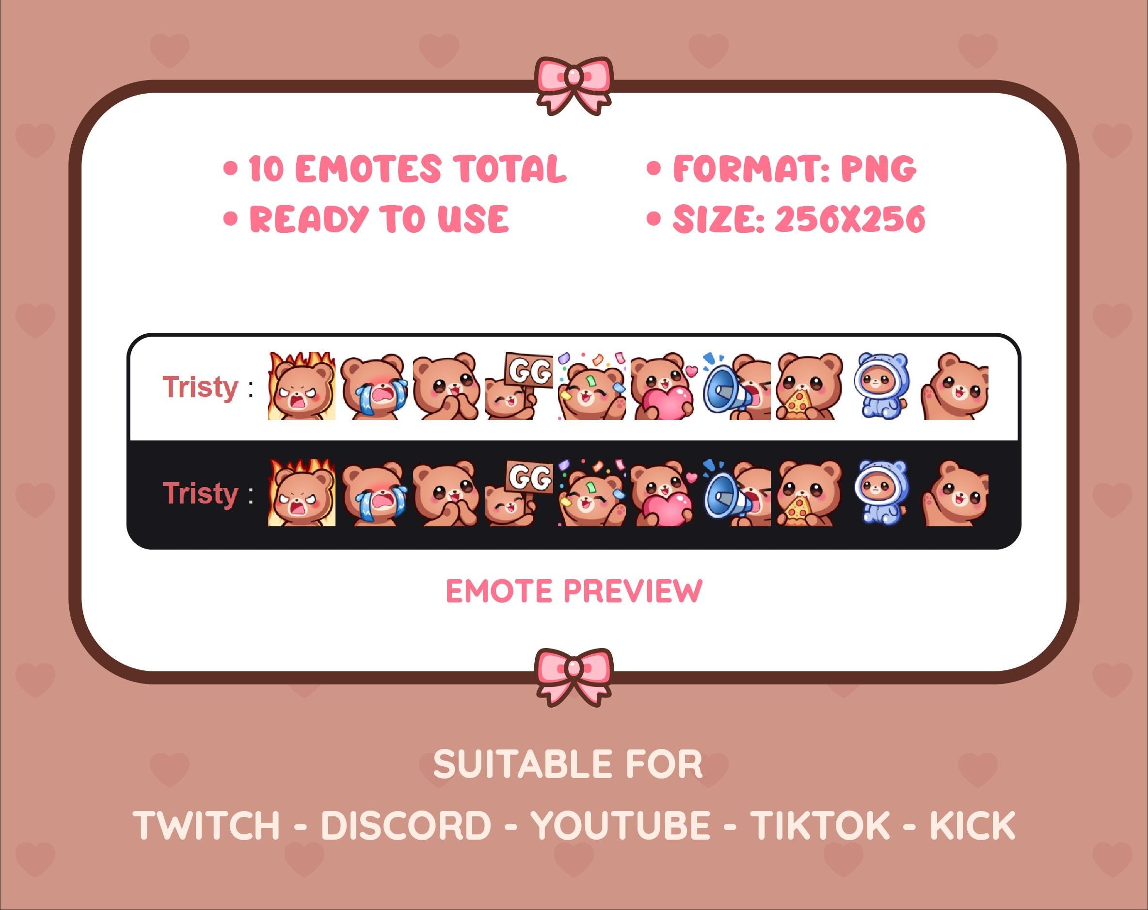 Brown Bear Twitch emote pack preview displaying all 10 emotes with format and size information.