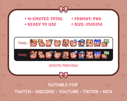 Brown Bear Twitch emote pack preview displaying all 10 emotes with format and size information.