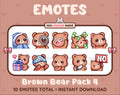 Brown Bear Twitch emote pack featuring 10 emotes including cozy, sus, panic, and shrug.