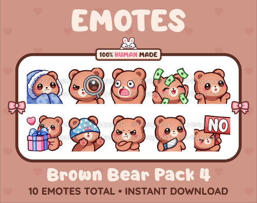 Brown Bear Twitch emote pack featuring 10 emotes including cozy, sus, panic, and shrug.
