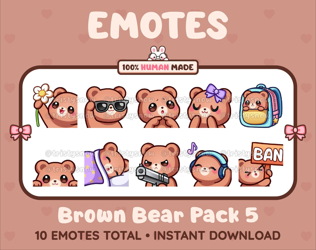 Brown Bear Twitch emote pack featuring 10 emotes including flower, cool, plead, and lurk.