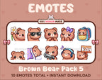 Brown Bear Twitch emote pack featuring 10 emotes including flower, cool, plead, and lurk.