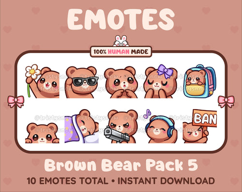 Brown Bear Twitch emote pack featuring 10 emotes including flower, cool, plead, and lurk.