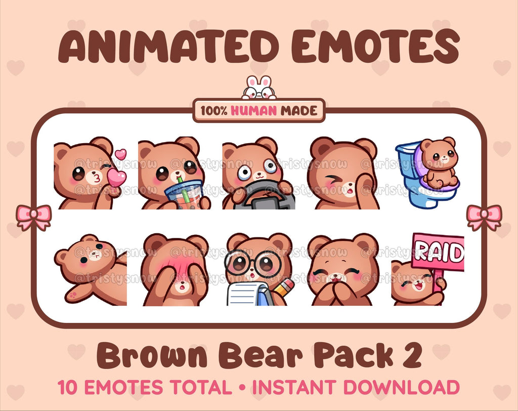 Brown Bear animated Twitch emote pack featuring 10 emotes including kiss, facepalm, shy, and raid.