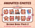Brown Bear animated Twitch emote pack featuring 10 emotes including kiss, facepalm, shy, and raid.
