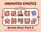 Brown Bear animated Twitch emote pack featuring 10 emotes including kiss, facepalm, shy, and raid.