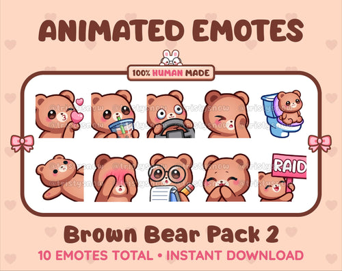 Brown Bear animated Twitch emote pack featuring 10 emotes including kiss, facepalm, shy, and raid.
