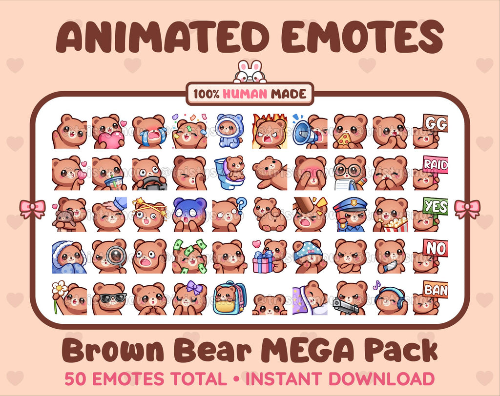 Brown Bear animated Twitch emote mega pack featuring 50 emotes including hype, kiss, raid, and lurk.