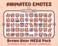 Brown Bear animated Twitch emote mega pack featuring 50 emotes including hype, kiss, raid, and lurk.