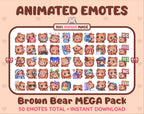 Brown Bear animated Twitch emote mega pack featuring 50 emotes including hype, kiss, raid, and lurk.