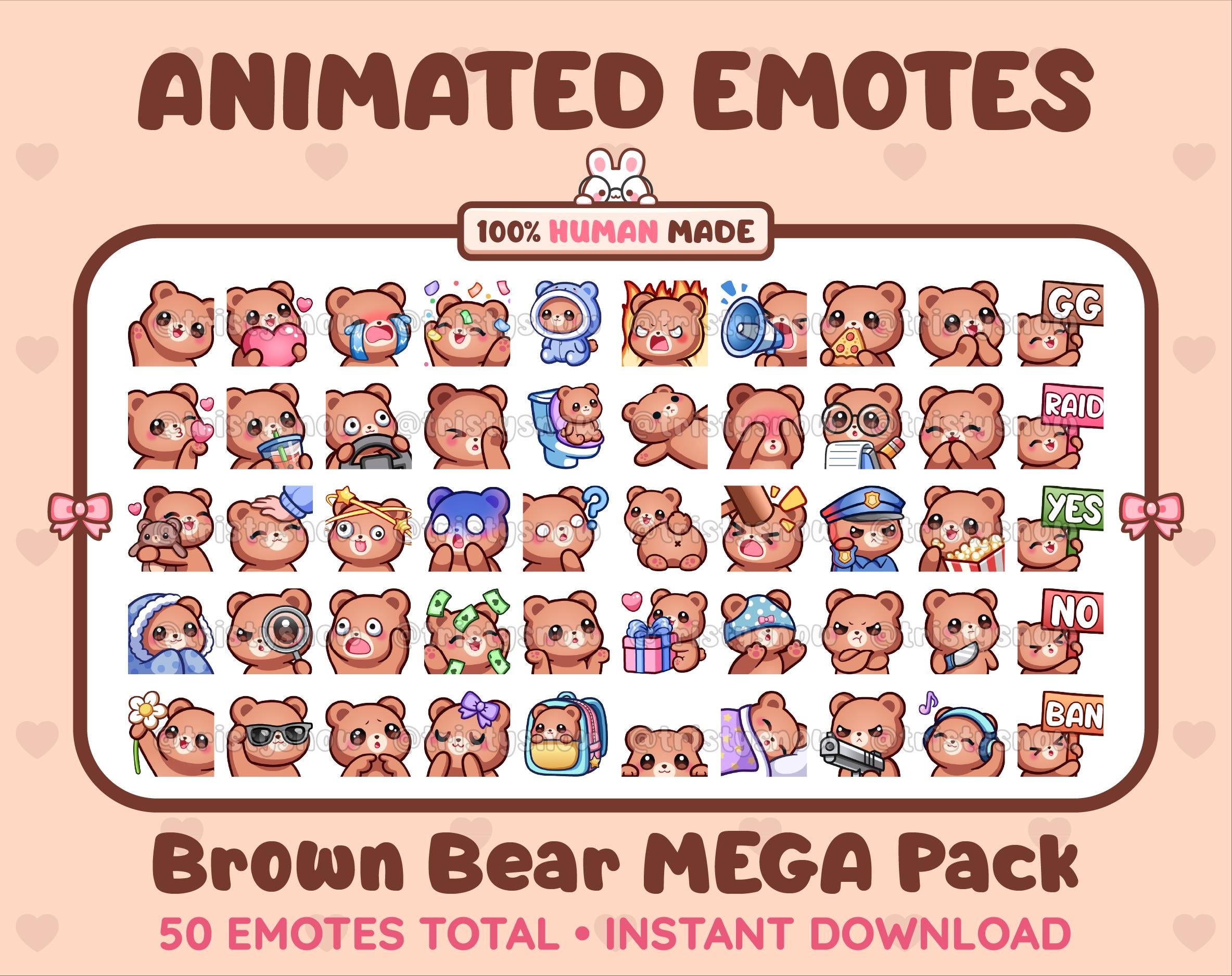 Brown Bear animated Twitch emote mega pack featuring 50 emotes including hype, kiss, raid, and lurk.