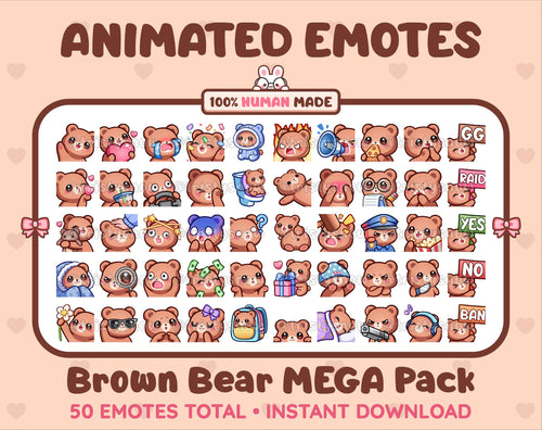 Brown Bear animated Twitch emote mega pack featuring 50 emotes including hype, kiss, raid, and lurk.