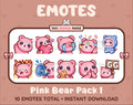 Pink Bear Twitch emote pack featuring 10 emotes including GG, angry, cry, and hype.