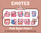 Pink Bear Twitch emote pack featuring 10 emotes including GG, angry, cry, and hype.