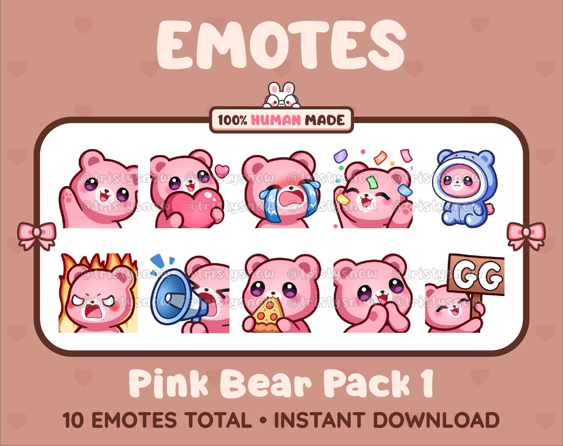 Pink Bear Twitch emote pack featuring 10 emotes including GG, angry, cry, and hype.