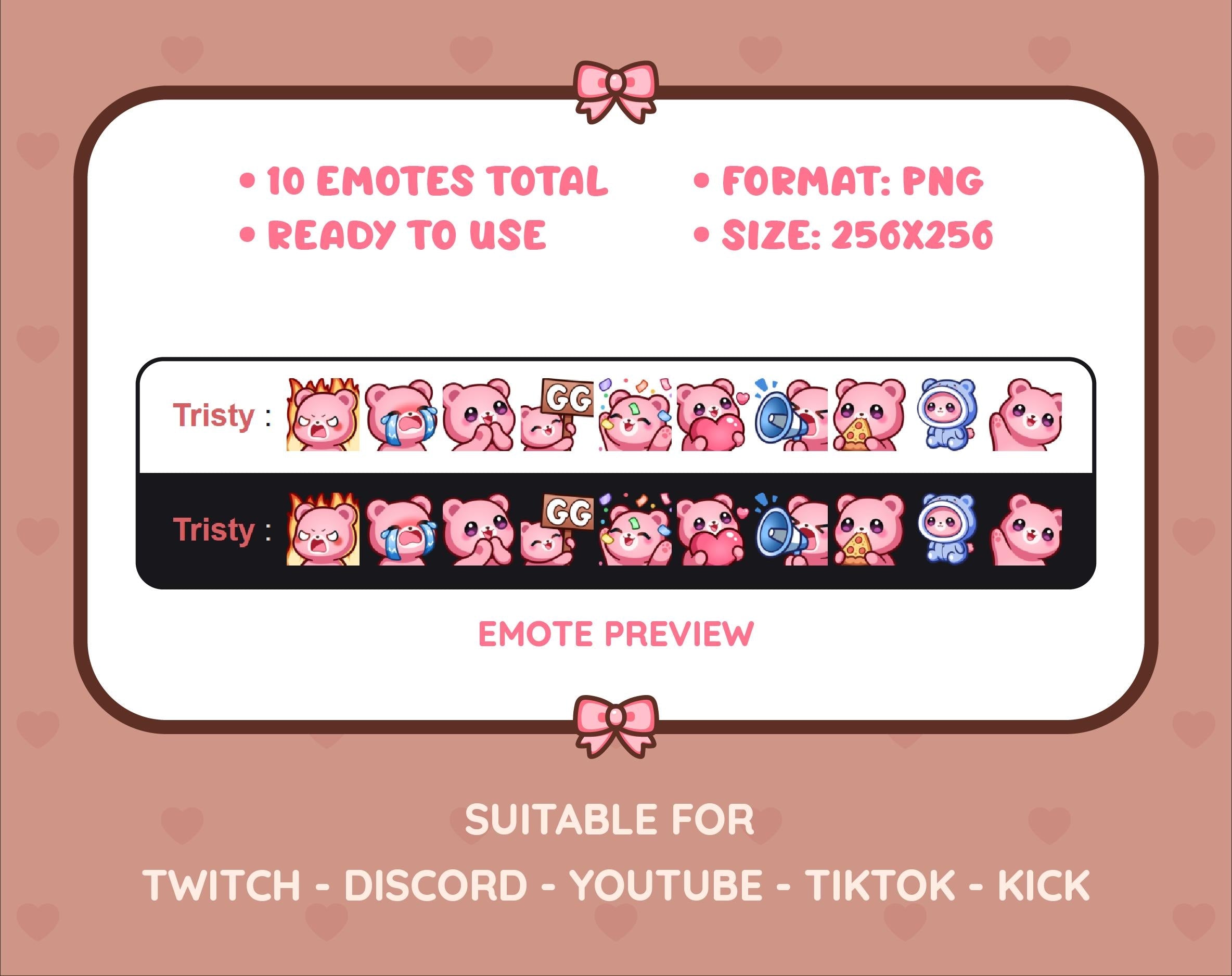Pink Bear Twitch emote pack preview displaying all 10 emotes with format and size information.