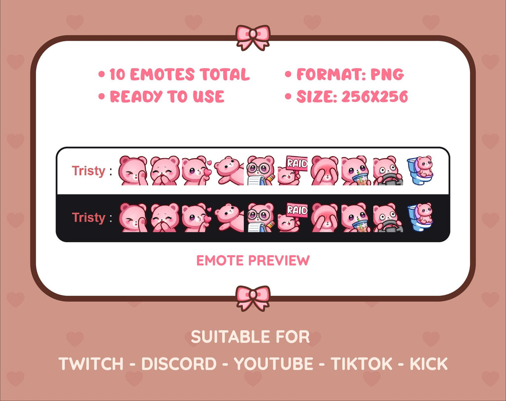 Pink Bear Twitch emote pack preview displaying all 10 emotes with format and size information.