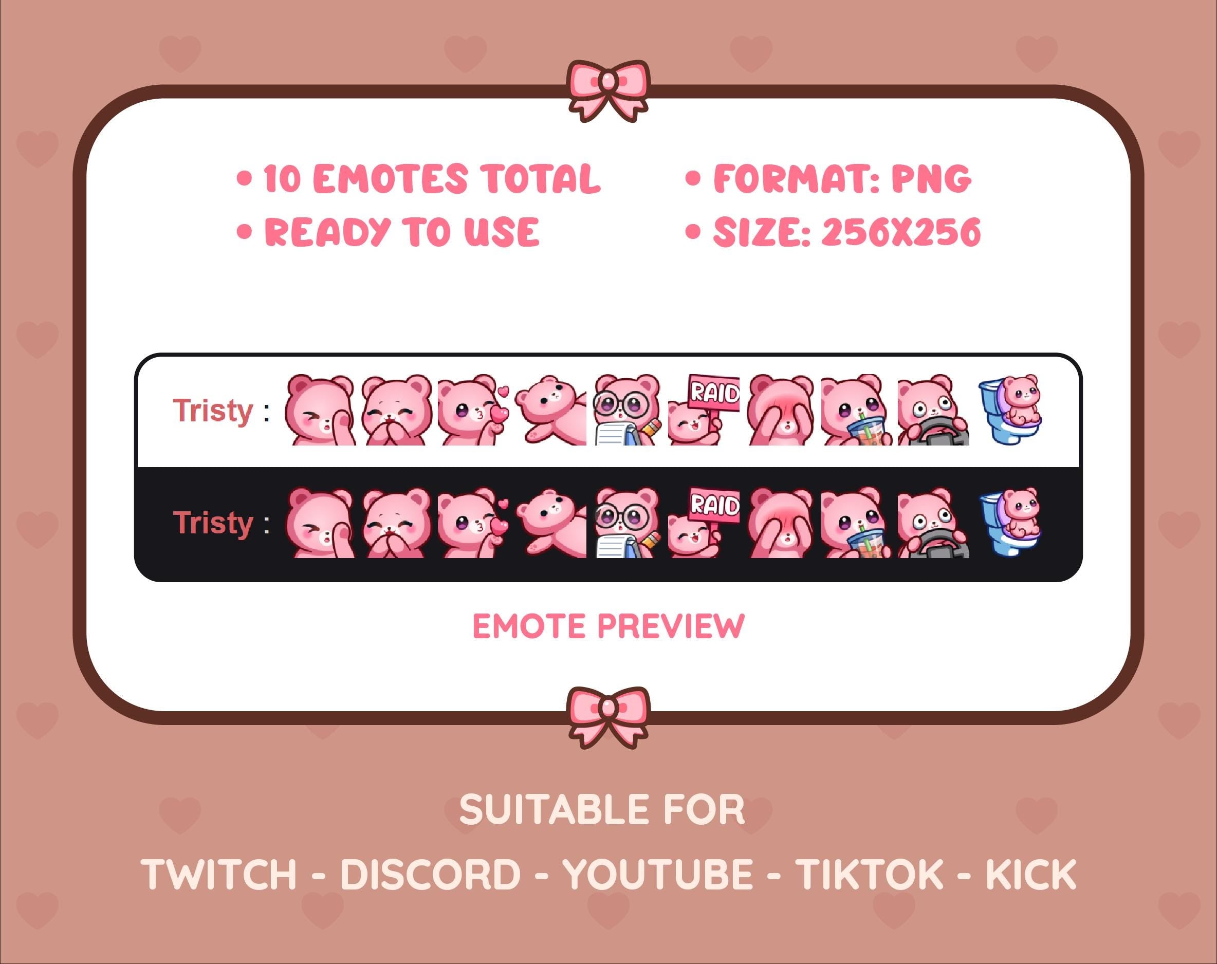 Pink Bear Twitch emote pack preview displaying all 10 emotes with format and size information.