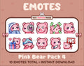 Pink Bear Twitch emote pack featuring 10 emotes including cozy, sus, panic, and shrug.