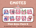 Pink Bear Twitch emote pack featuring 10 emotes including cozy, sus, panic, and shrug.