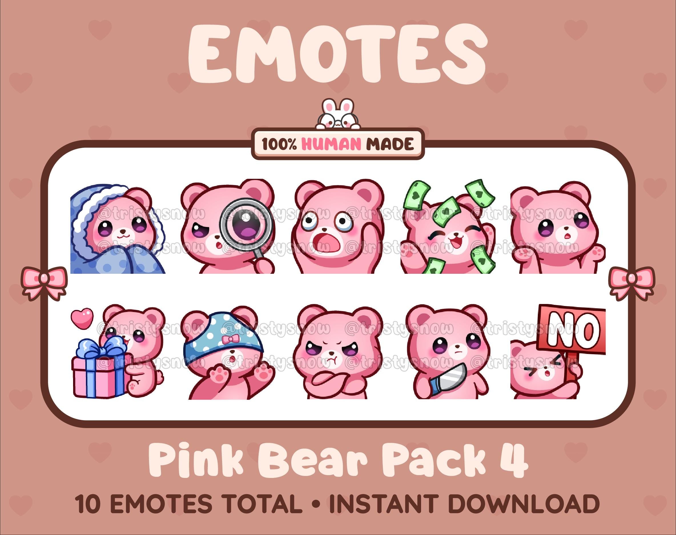 Pink Bear Twitch emote pack featuring 10 emotes including cozy, sus, panic, and shrug.