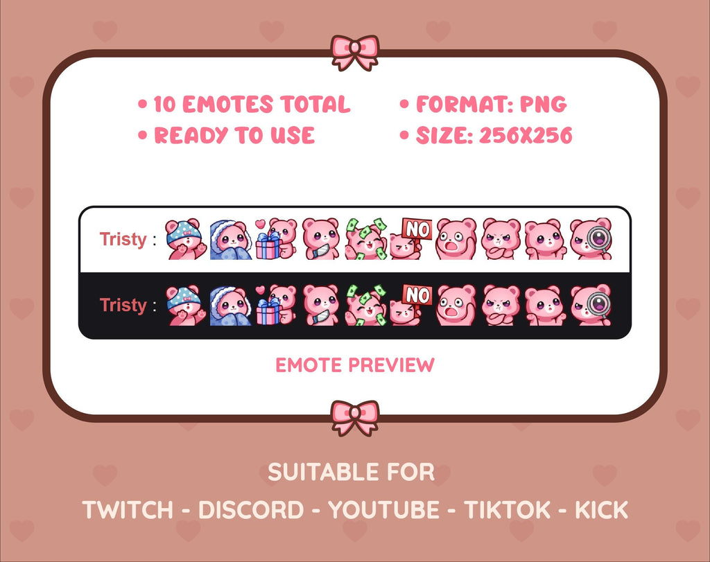 Pink Bear Twitch emote pack preview displaying all 10 emotes with format and size information.