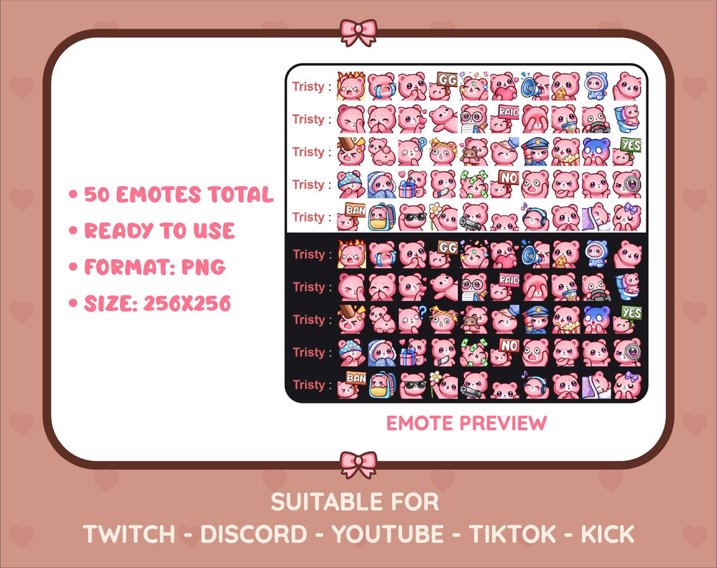 Pink Bear Twitch emote mega pack preview displaying all 50 emotes with format and size information.