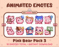 Pink Bear animated Twitch emote pack featuring 10 emotes including hug, scared, bonk, and popcorn.